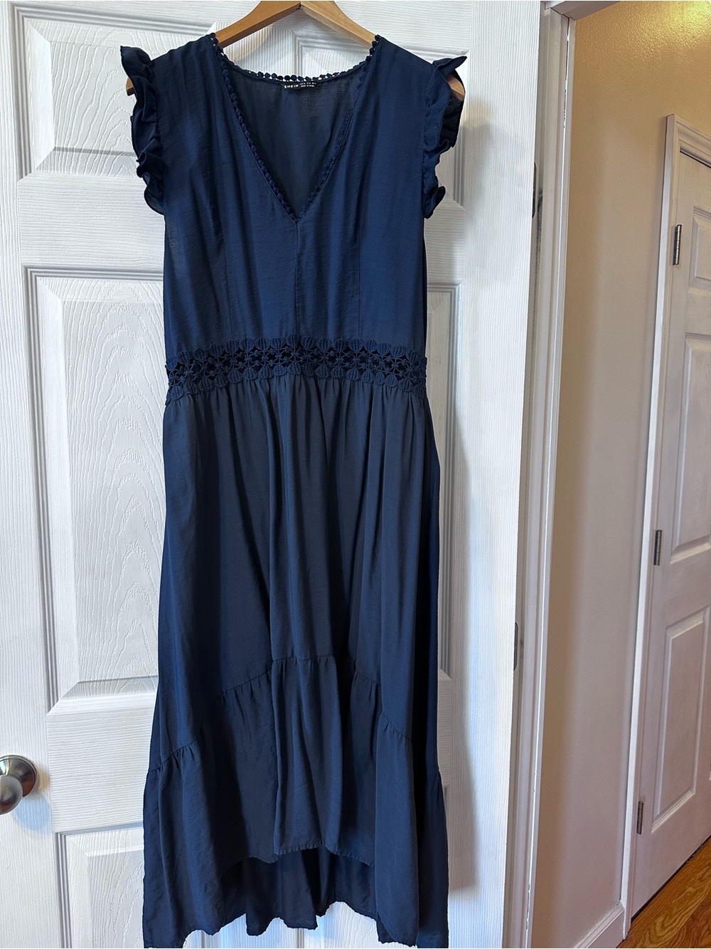 SHEIN Navy V-Neck Maxi Dress with Crochet Waist